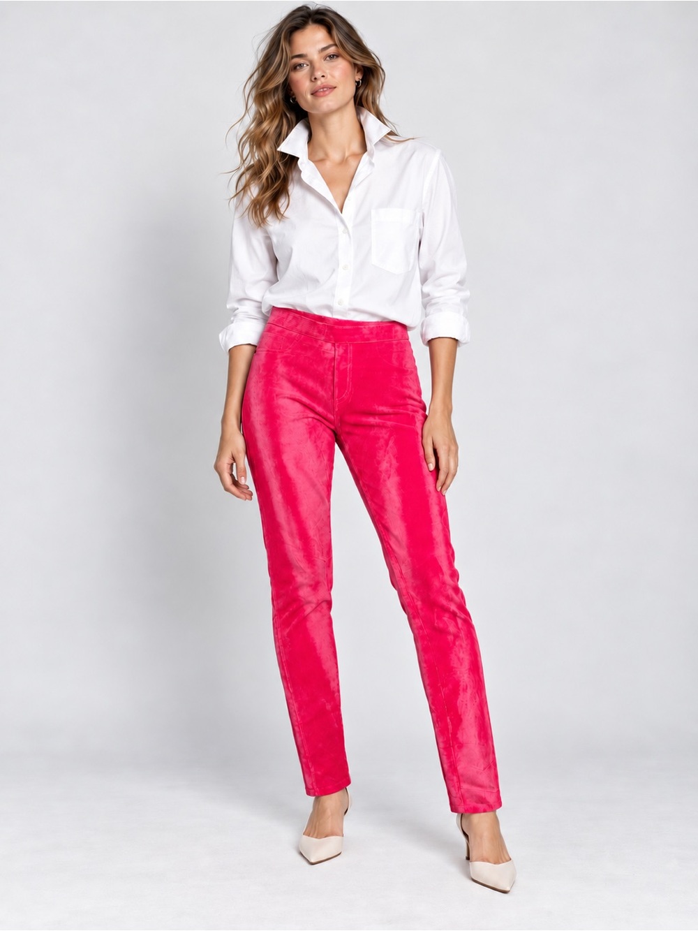 HUE Hot Pink Thin-Wale Corduroy Pull On stretch Skinny Pants L Y2K Barbiecore